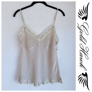 NEW Gold Hawk 100% Silk Crinkle Lace Trim Beaded Camisole in Taupe & Green Sz S